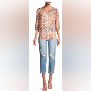 Johnny Was Jade Lace Silk Peasant Blouse Pink Cream Size S